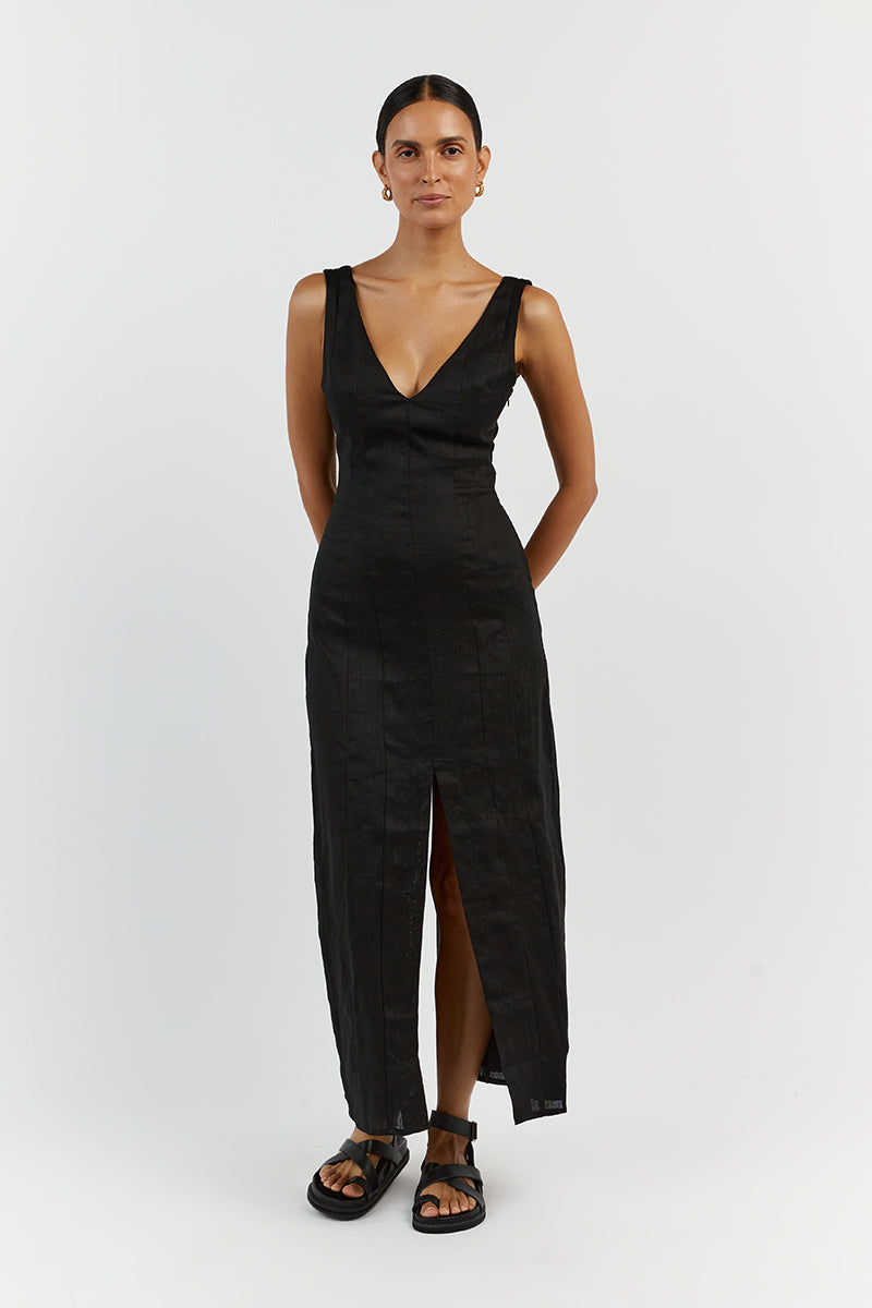 MILAHN BLACK LINEN V NECK DRESS