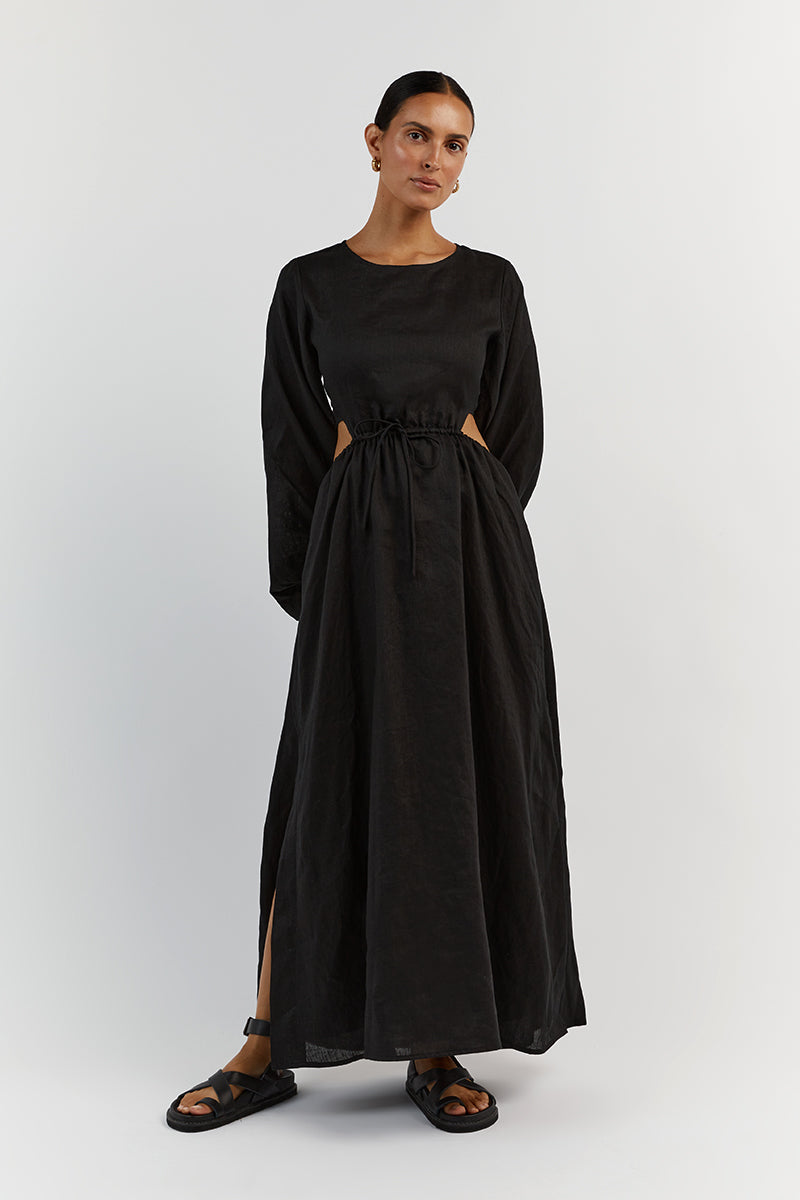 MOLLY BLACK LINEN MIDI DRESS