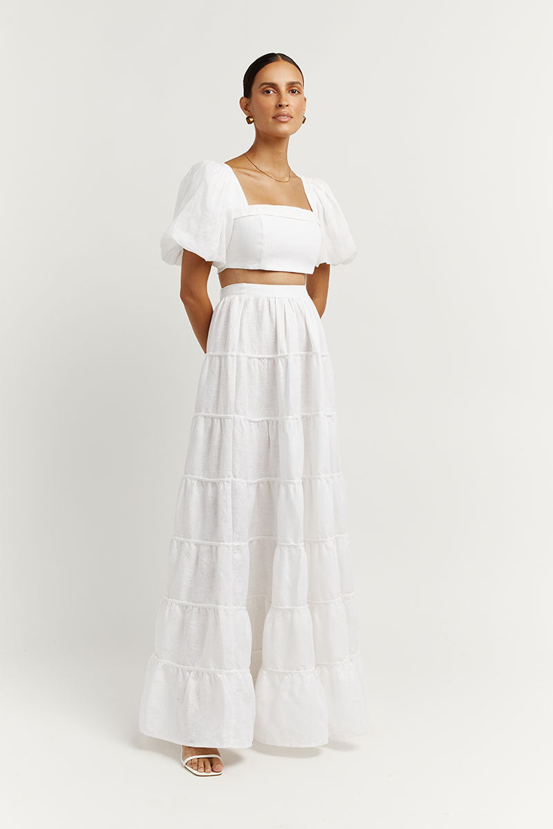 AISLE WHITE LINEN TIER LONG SKIRT