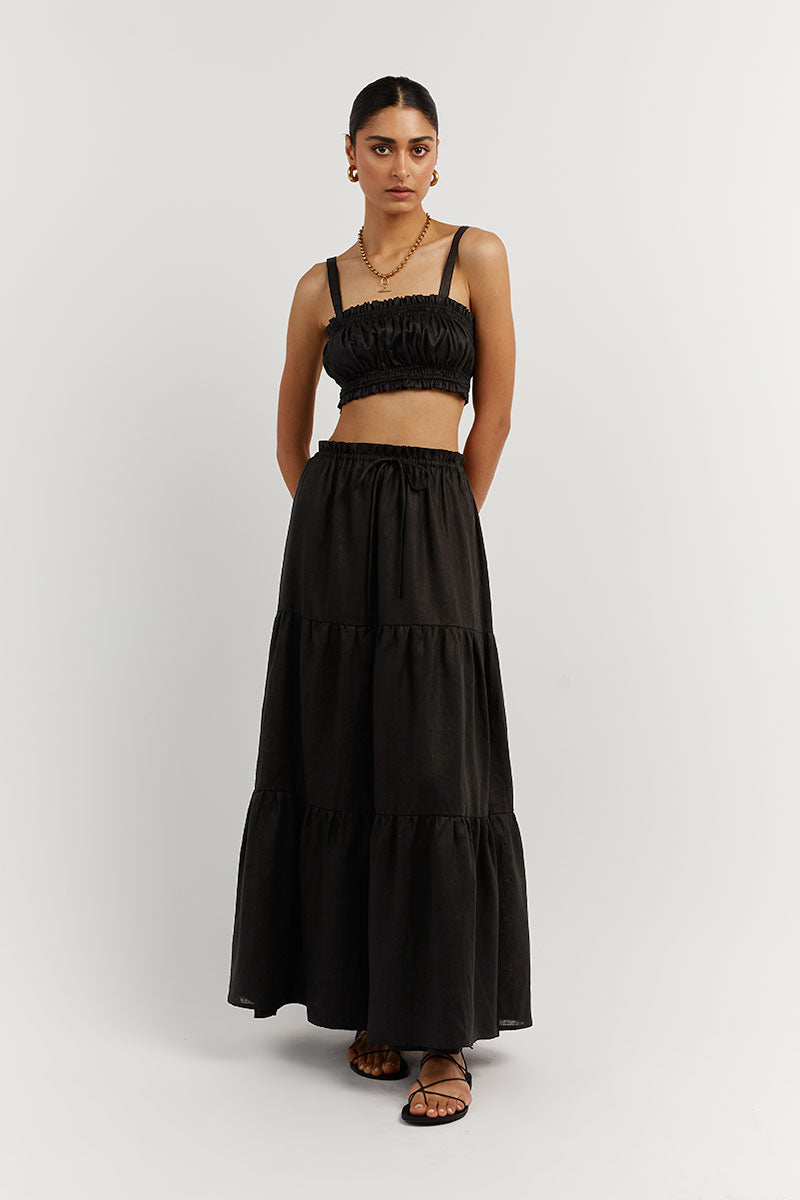 BONNIE BLACK GATHER LINEN CROP TOP