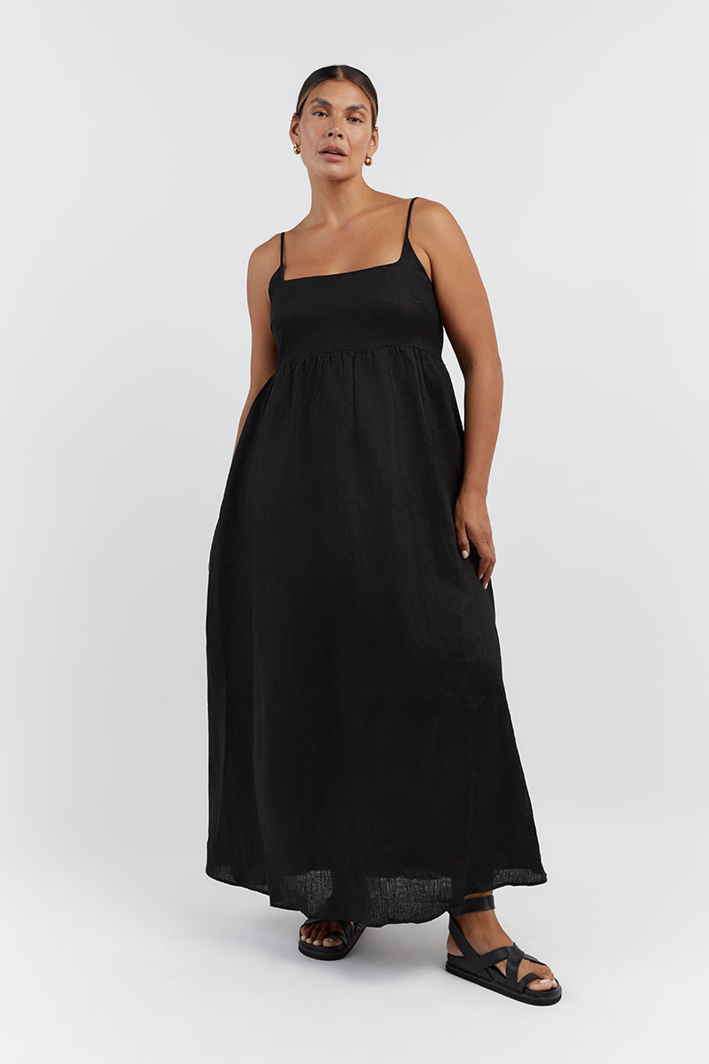 SUNNY BLACK LINEN MIDI DRESS