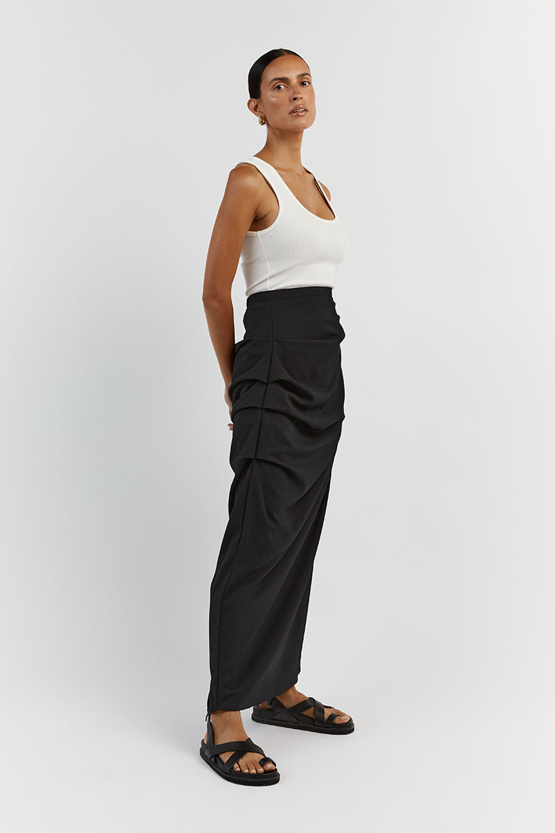 JAMIE RUCHED BLACK MIDI SKIRT