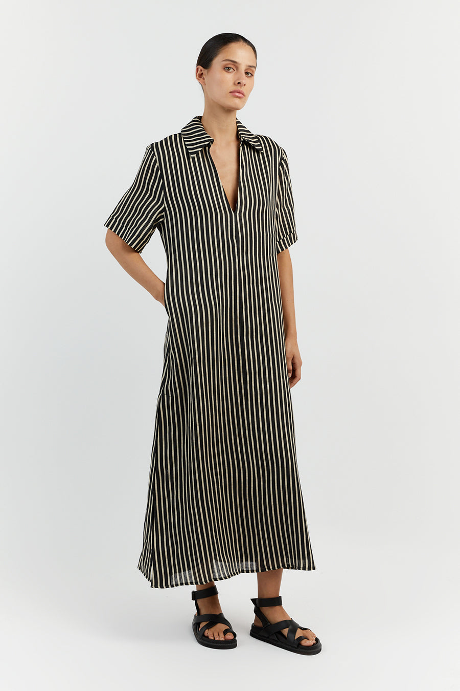 RORY BLACK LINEN SLEEVED MIDI DRESS