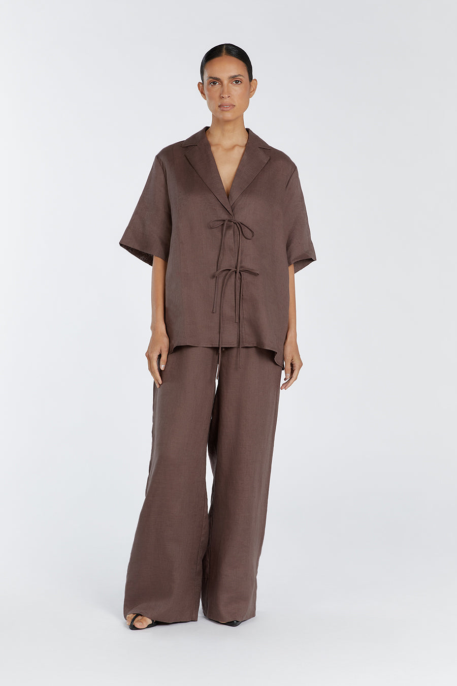EMELIA CHOCOLATE LINEN WRAP SHIRT