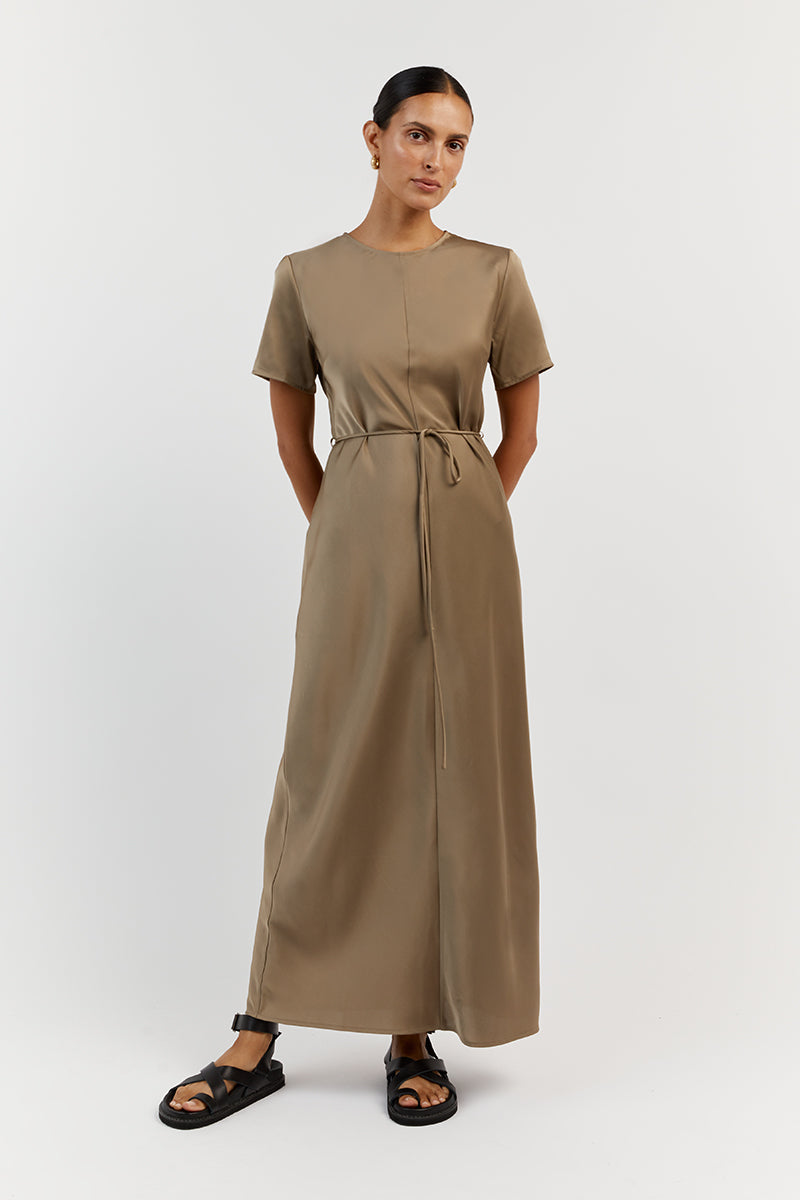BLOOM MOSS SATIN SLEEVE MIDI DRESS
