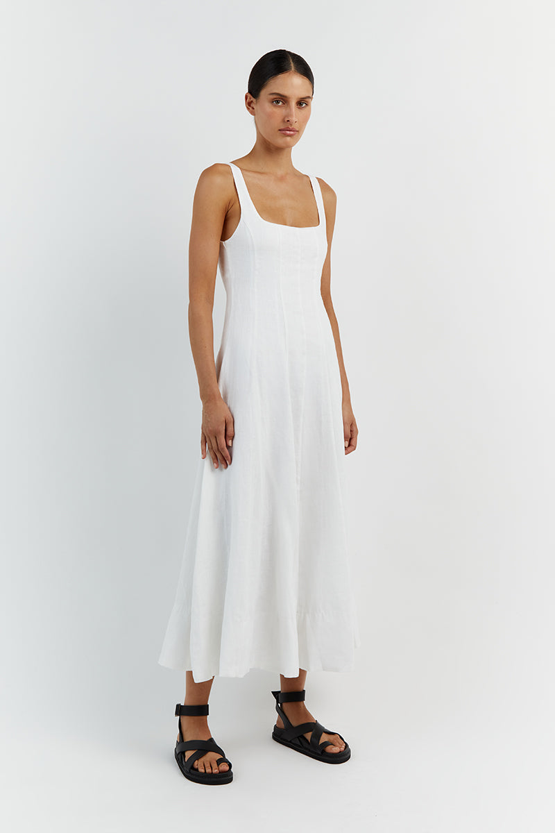 MILAHN WHITE LINEN MIDI DRESS