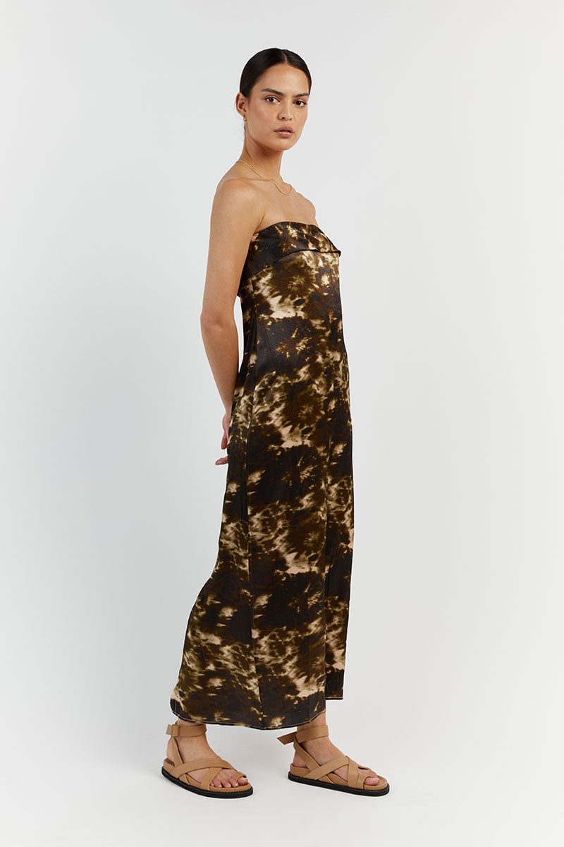 MASON SATIN TIE DYE STRAPLESS DRESS