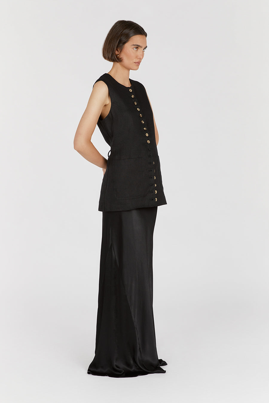 TILLY BLACK LINEN LONGLINE VEST