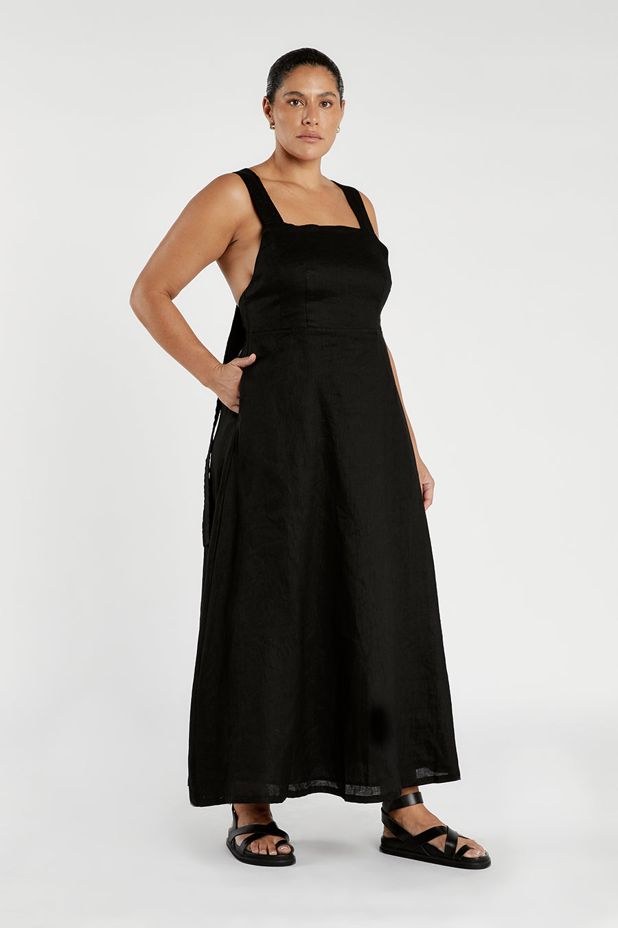 ZADIE BLACK APRON LINEN MIDI DRESS