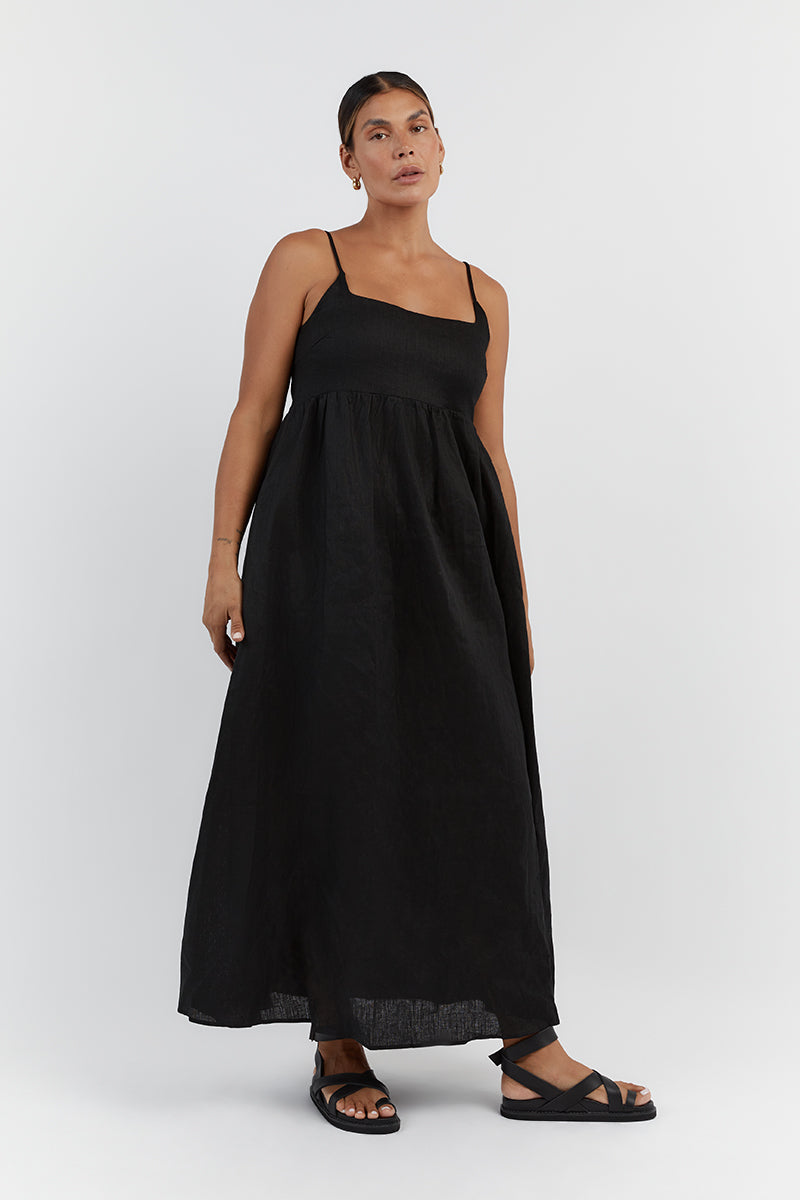SUNNY BLACK LINEN MIDI DRESS