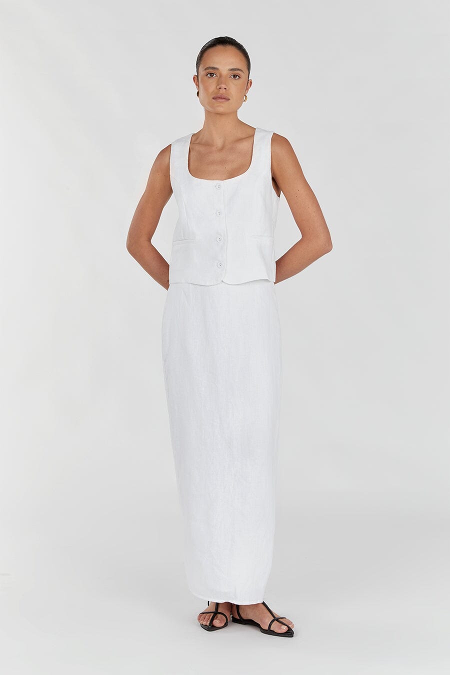 ROBERTS WHITE LINEN MIDI SKIRT
