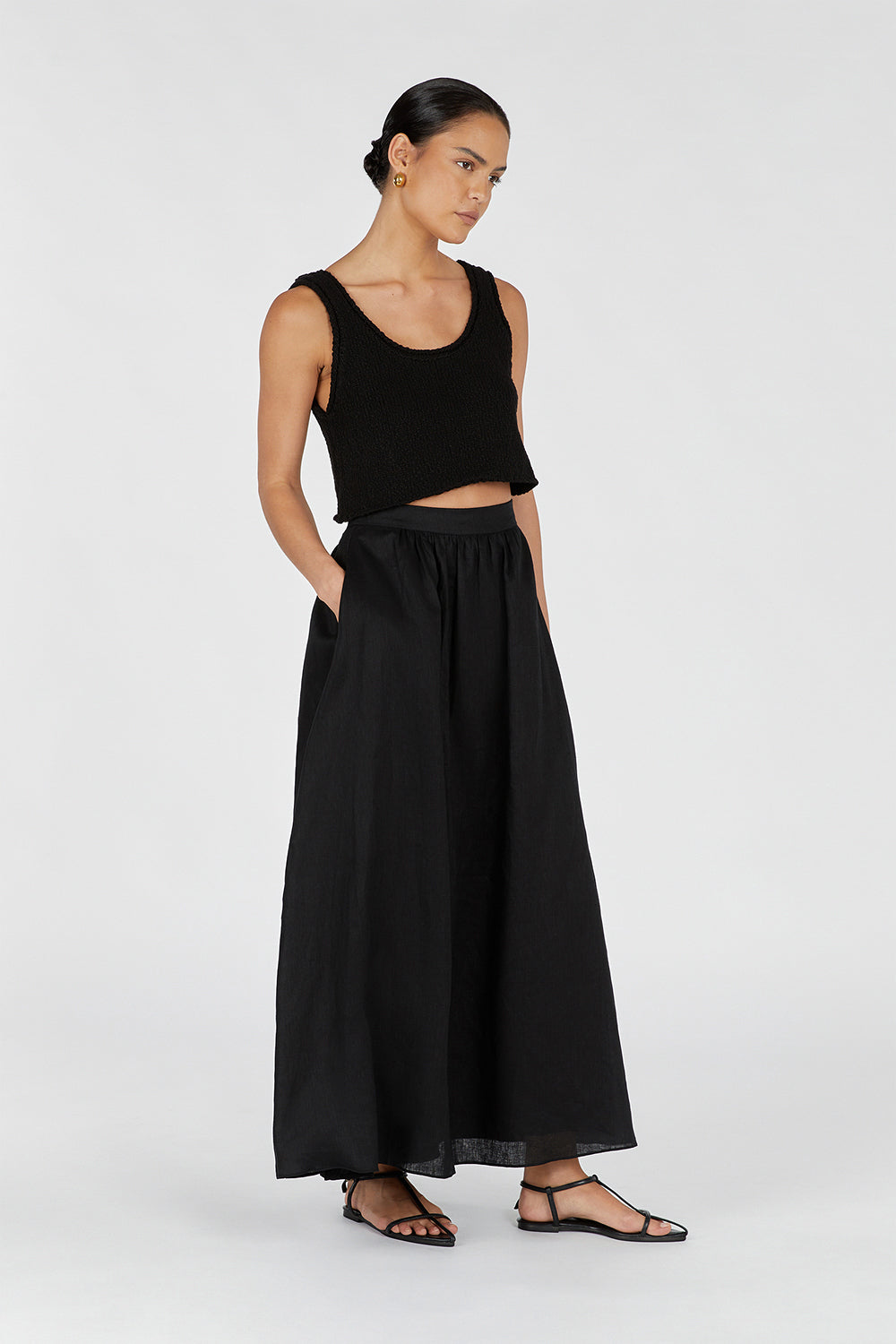 GEMIMA BLACK LINEN MIDI SKIRT