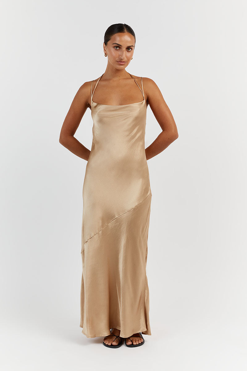 CHARLI GOLD SATIN MIDI DRESS