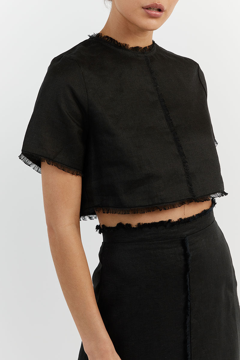 GEORGIE BLACK LINEN FRINGE CROP TOP