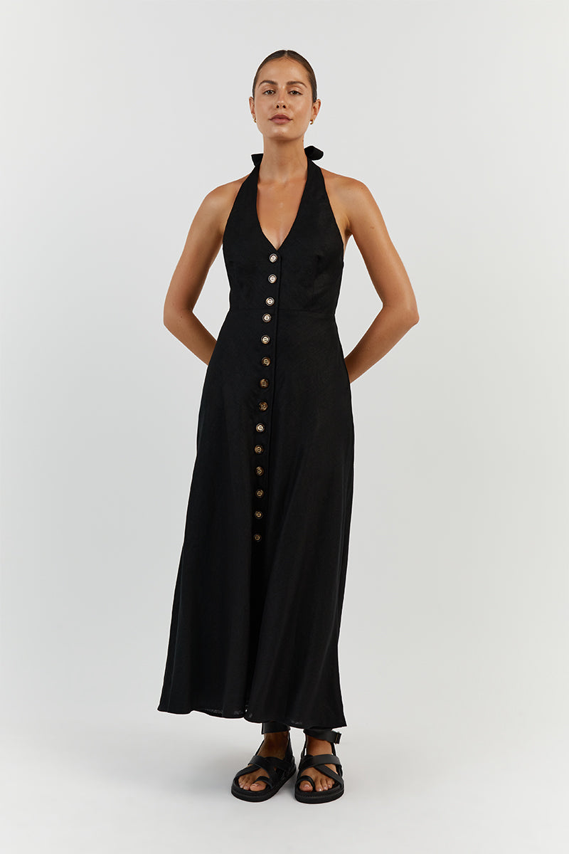 LOGAN BLACK LINEN MIDI DRESS