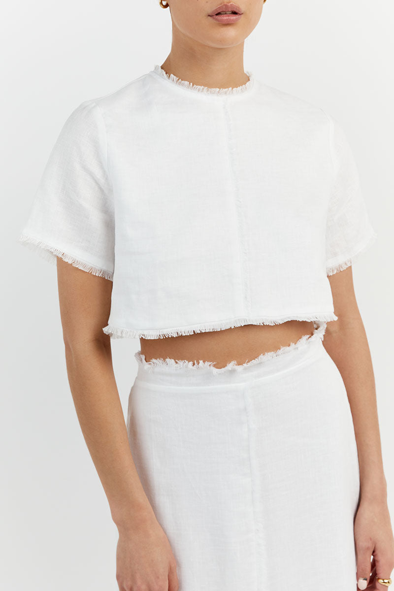 GEORGIE WHITE LINEN FRINGE CROP TOP