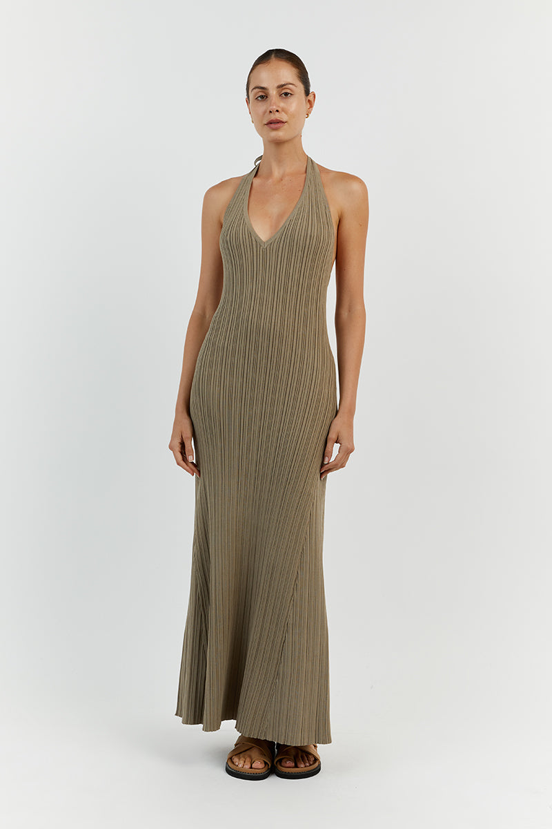 SIENNA MOSS PLUNGE HALTER MIDI
