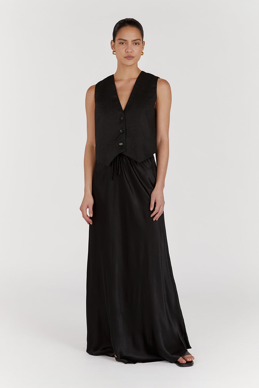 BLOOM SHINY BLACK SATIN MIDI SKIRT