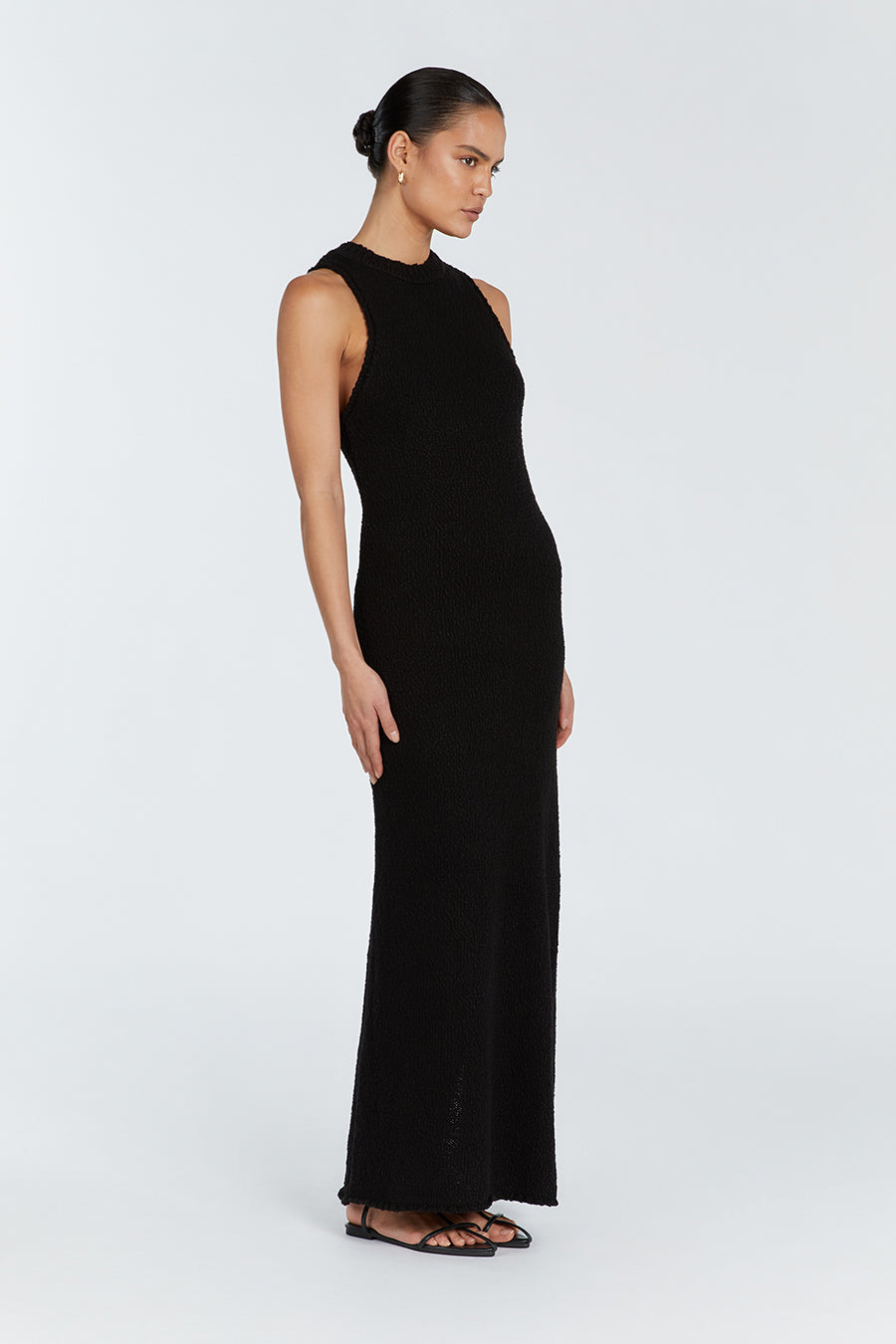 DION BLACK BOUCLE CREW MAXI DRESS