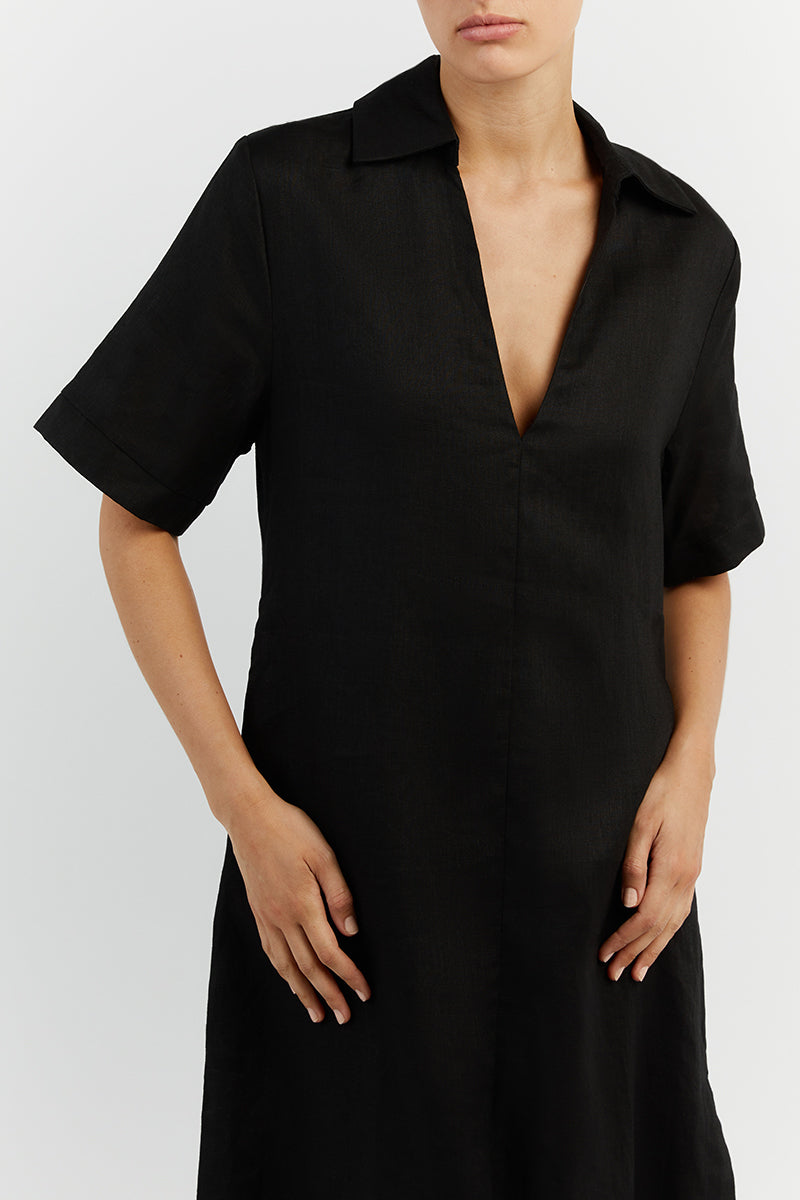 CANDICE BLACK LINEN MIDI DRESS