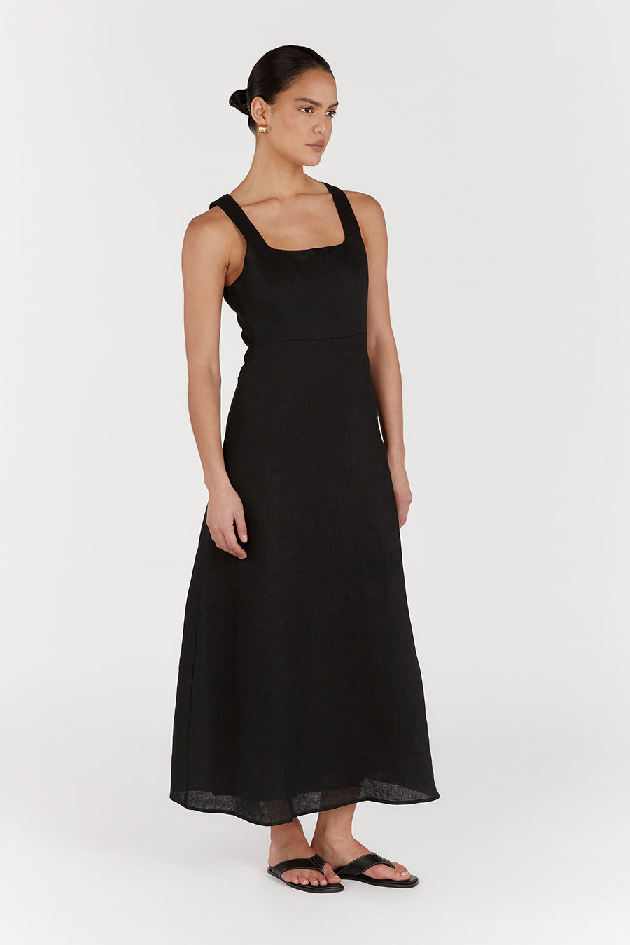 SHANNON BLACK LINEN MIDI DRESS