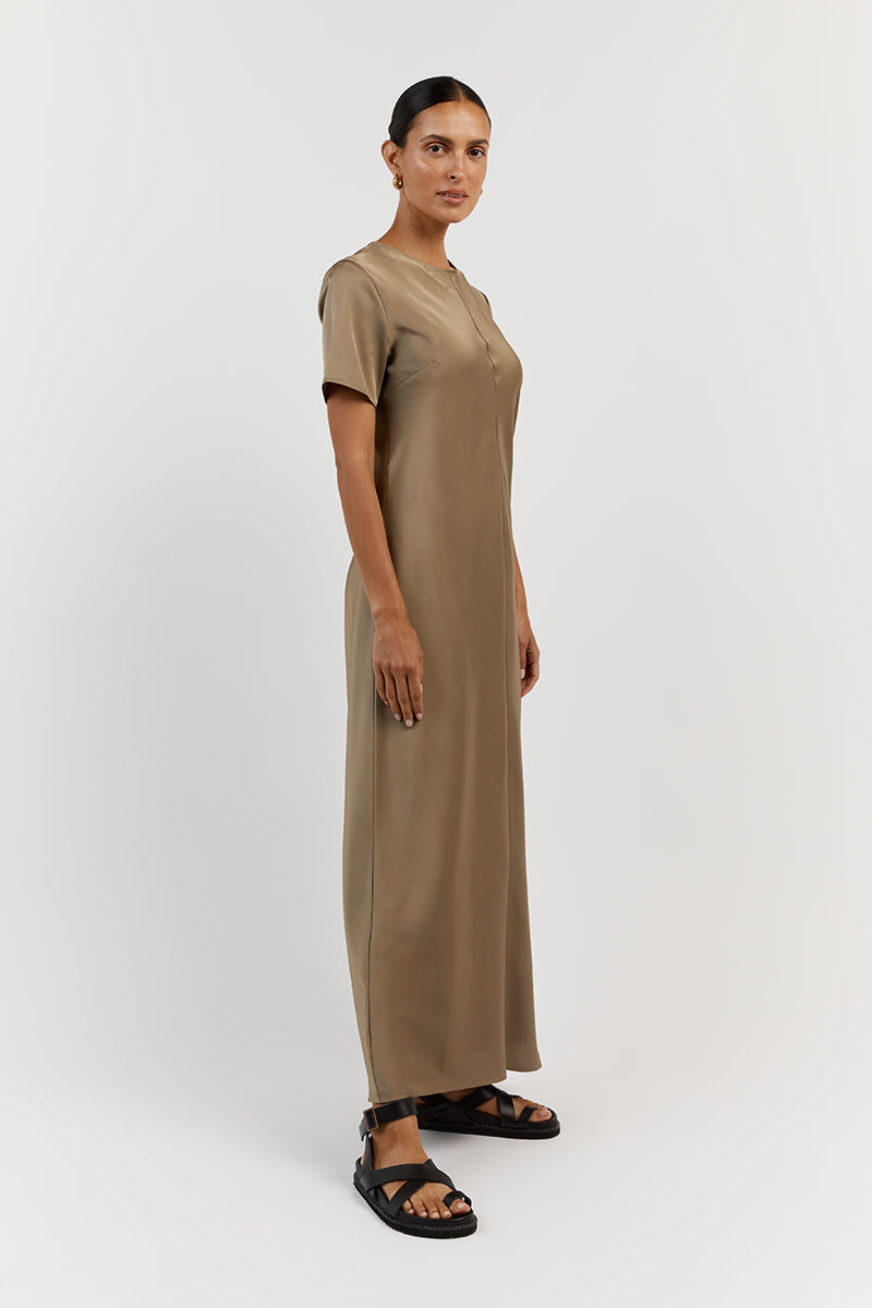 BLOOM MOSS SATIN SLEEVE MIDI DRESS