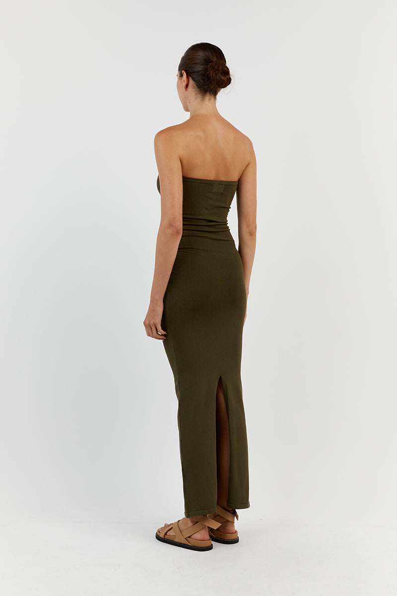 CARRIE OLIVE RUCHED MIDI DRESS