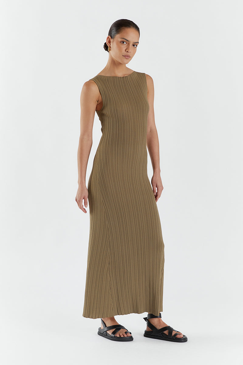 IVY KHAKI S/LESS MIDI DRESS