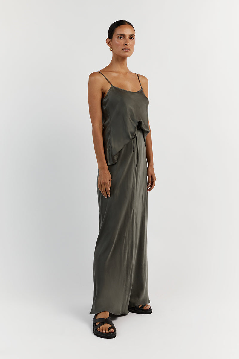 LAYLA DARK OLIVE SILK MIDI SKIRT