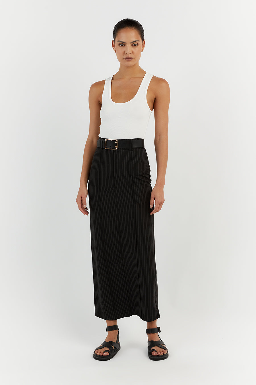 DIEGO BLACK PINSTRIPE MIDI SKIRT
