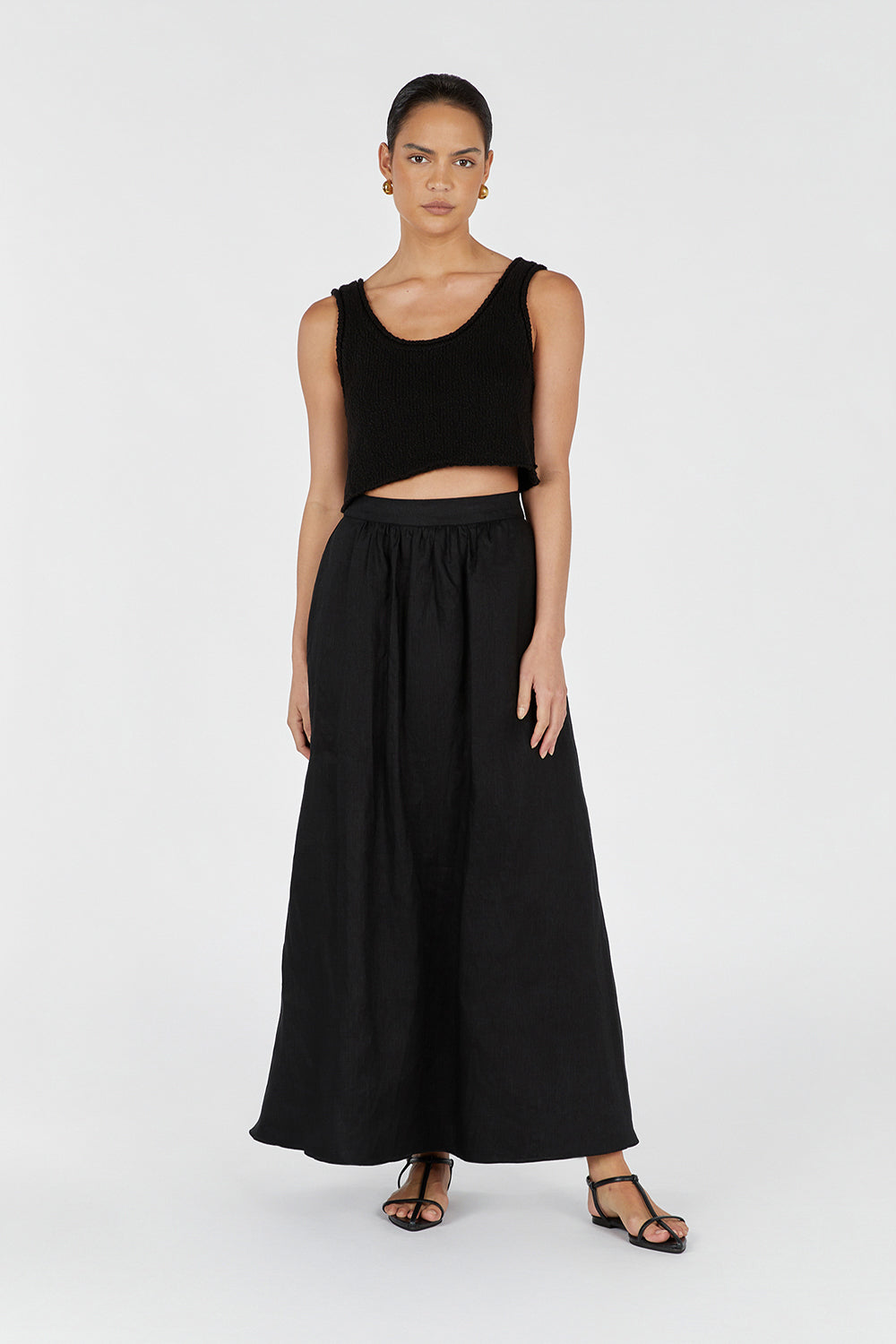 GEMIMA BLACK LINEN MIDI SKIRT
