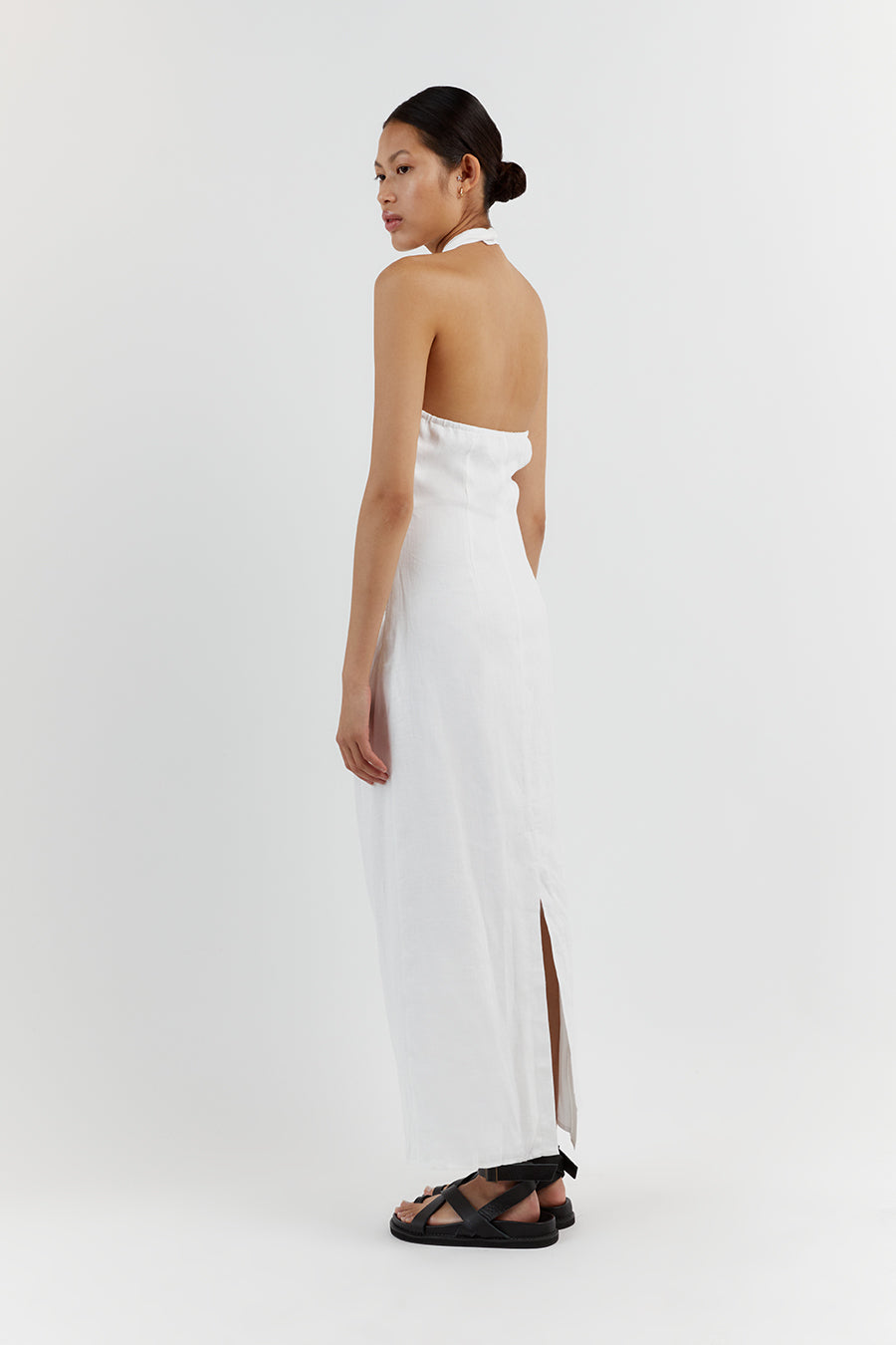 ZOEY WHITE ASYM LINEN MIDI DRESS