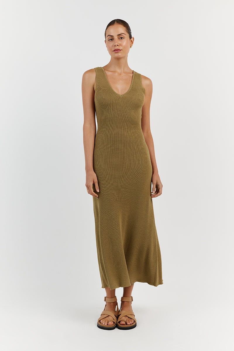 ASHER PISTACHIO V NECK MIDI DRESS