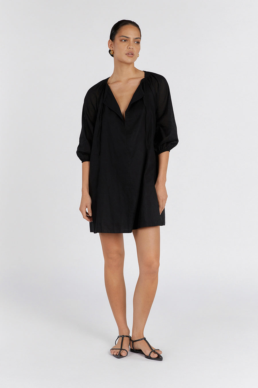 NADIA BLACK LINEN SMOCK DRESS