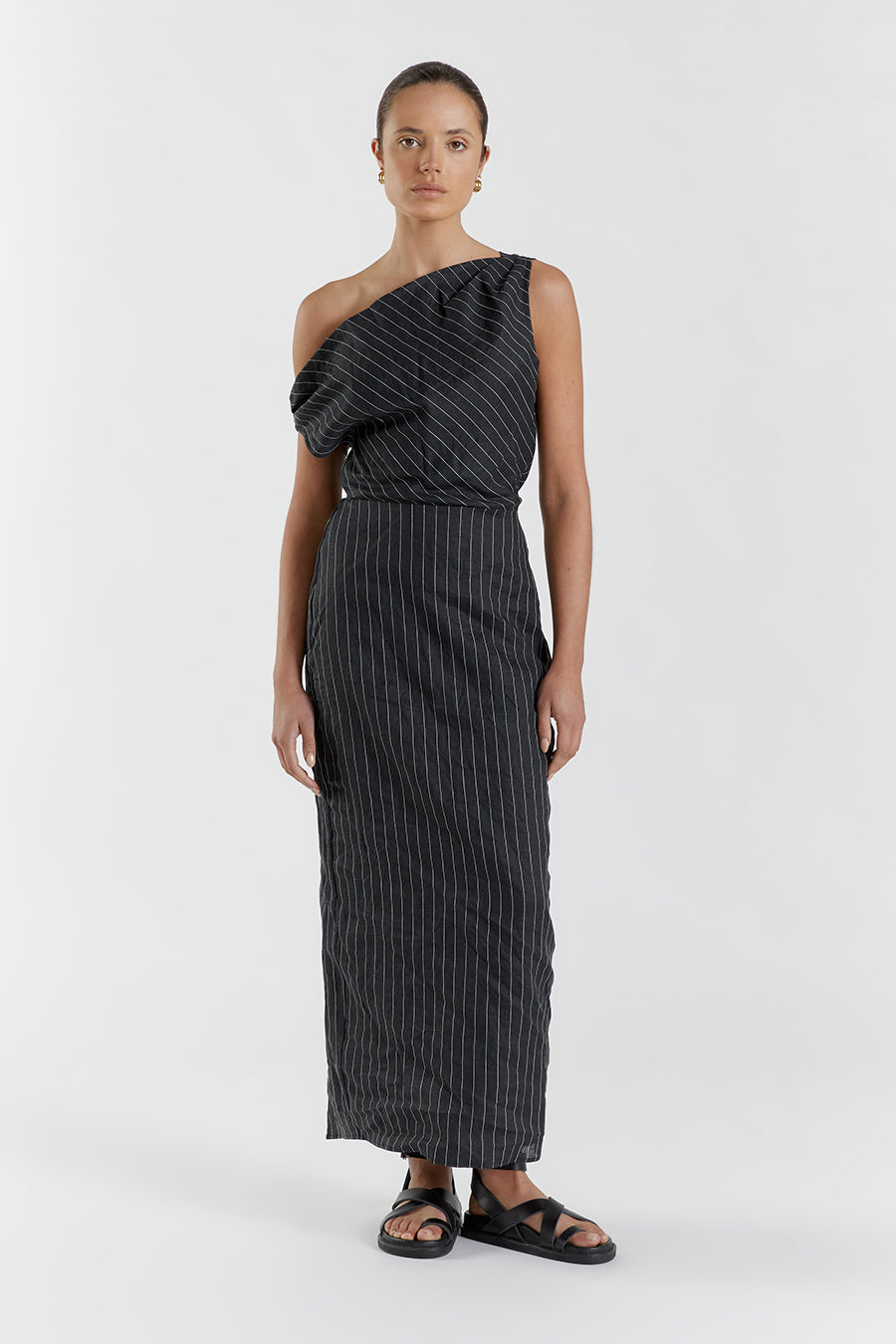 MARCEL BLACK PINSTRIPE MIDI DRESS