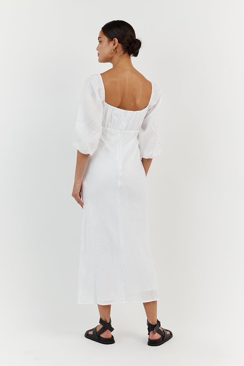 LILAH WHITE LINEN MIDI DRESS