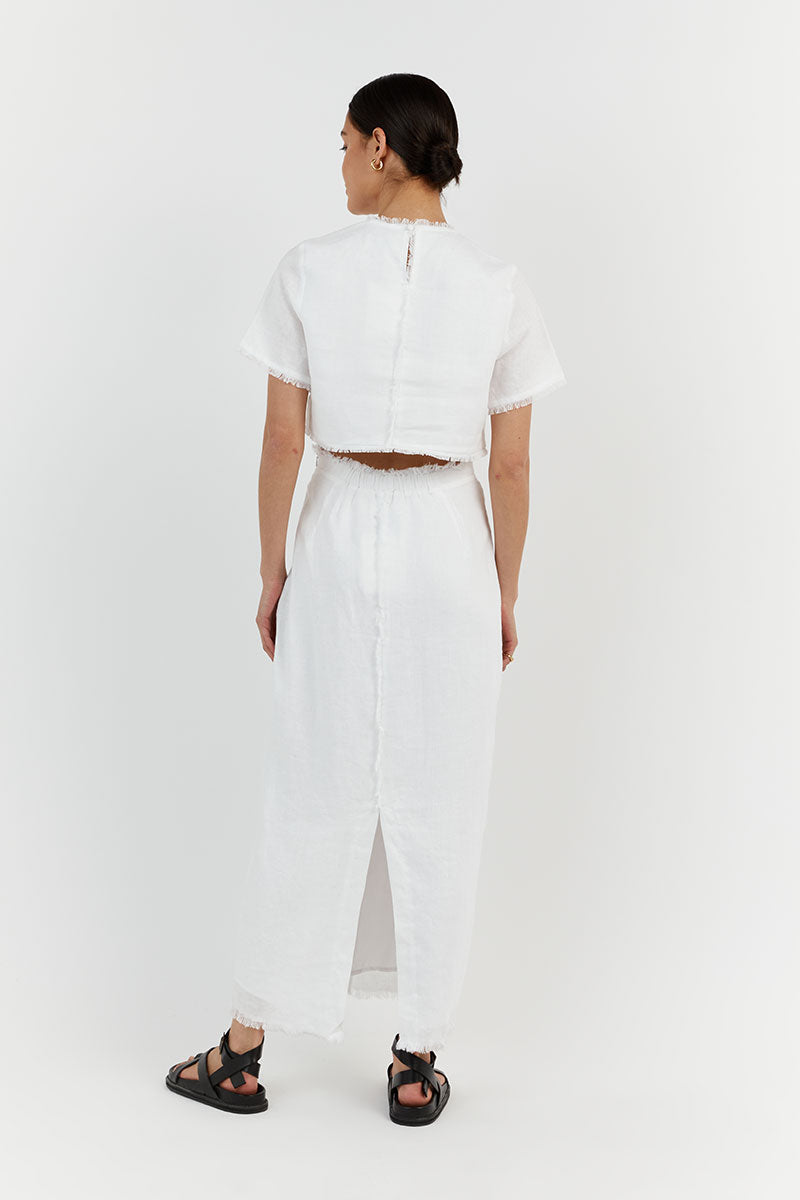 GEORGIE WHITE LINEN FRINGE CROP TOP