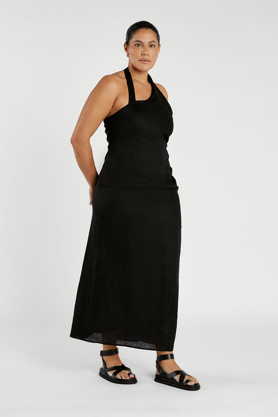 ZOEY BLACK ASYM LINEN MIDI DRESS