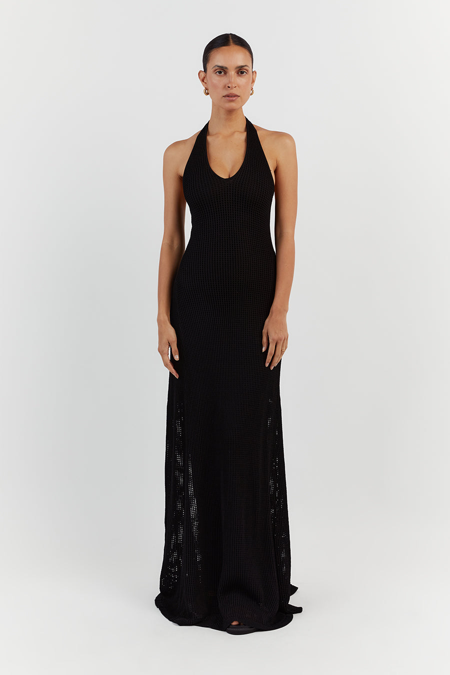 OPHELIA BLACK CROCHET HALTER MIDI DRESS