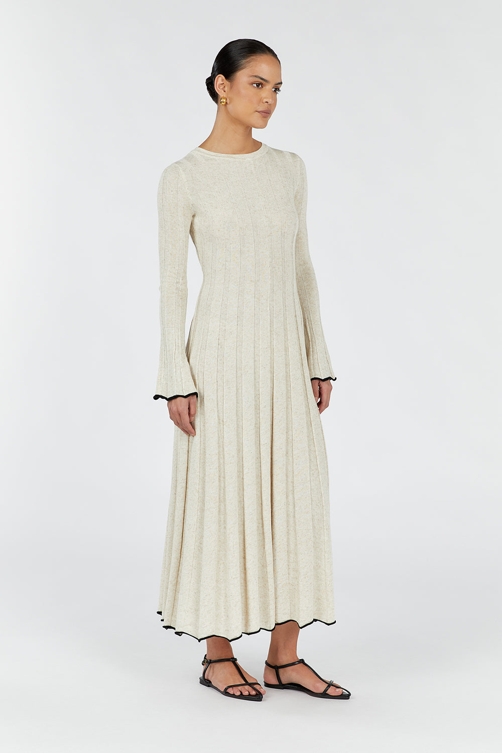 FLORA NATURAL CREW NECK KNIT MIDI DRESS