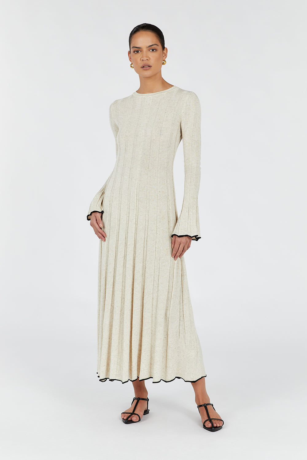 FLORA NATURAL CREW NECK KNIT MIDI DRESS