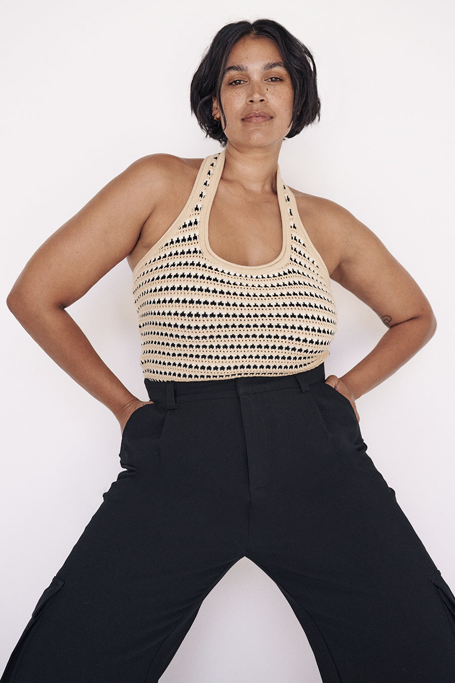MIMI NATURAL STRIPECROCHETHALTER TOP