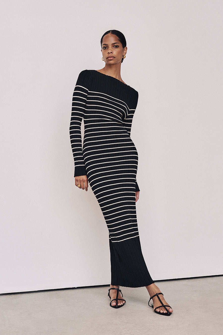 BILLIE BLACK STRIPE LONG SLEEVE MIDI DRESS