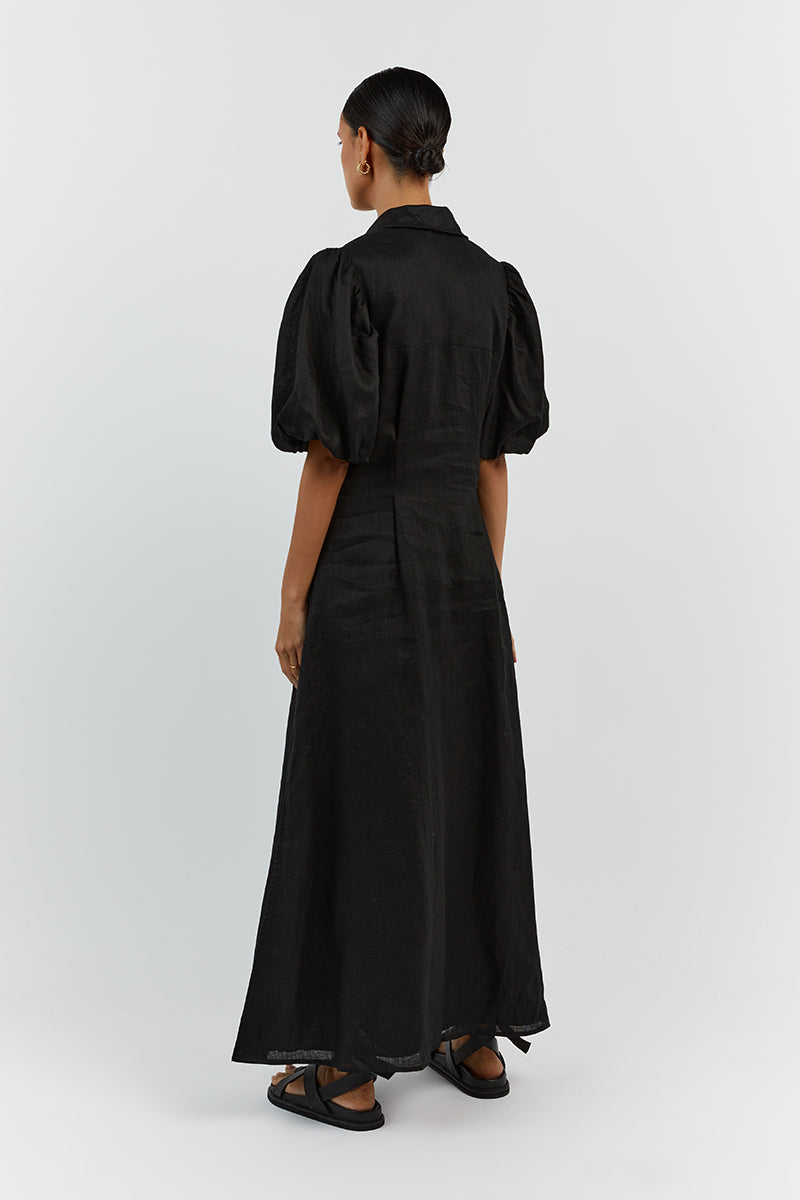 RAE BLACK LINEN SHIRT MIDI DRESS