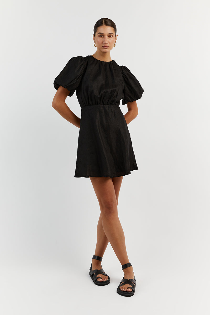 NAT BLACK GATHERED LINEN MINI DRESS