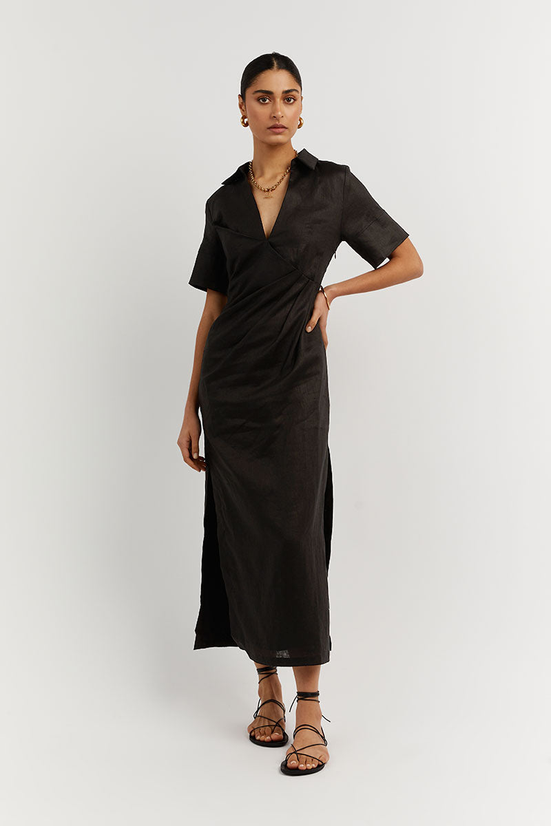 BILLIE BLACK LINEN MIDI DRESS