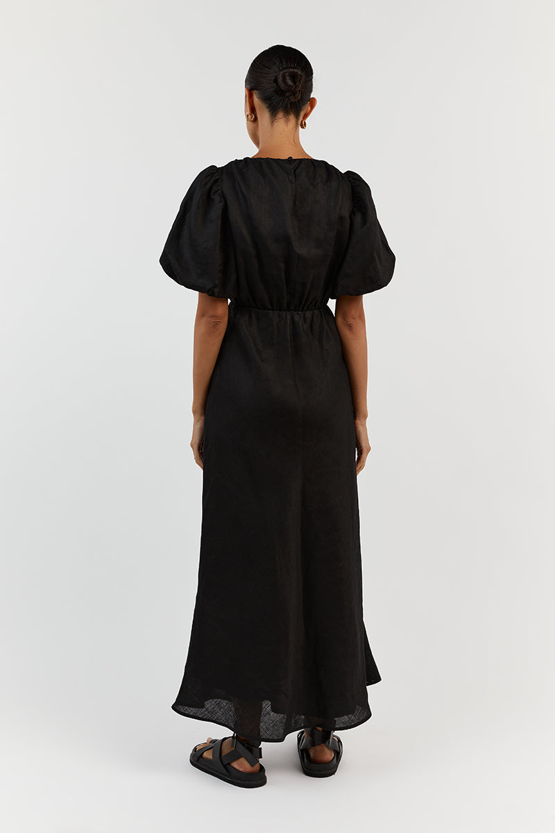 NAT BLACK LINEN GATHERED MIDI DRESS