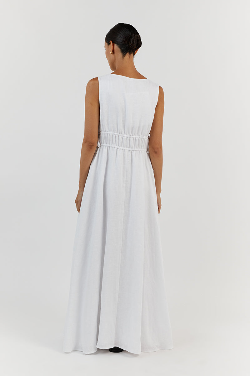 PIA WHITE LINEN LOW NECK MIDI DRESS