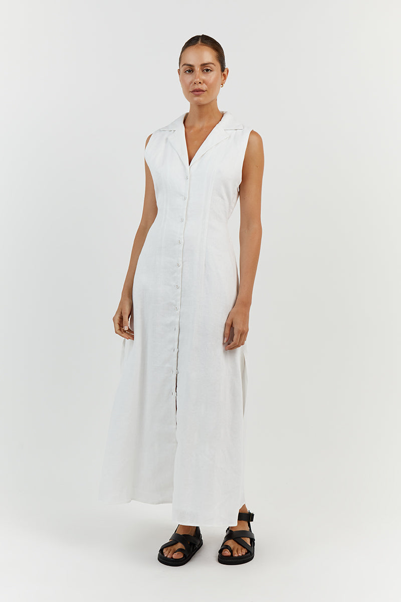 DREW WHITE LINEN SLEEVELESS DRESS