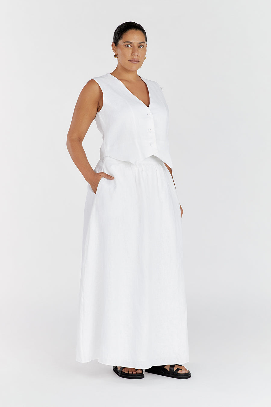 GEMIMA WHITE LINEN MIDI SKIRT
